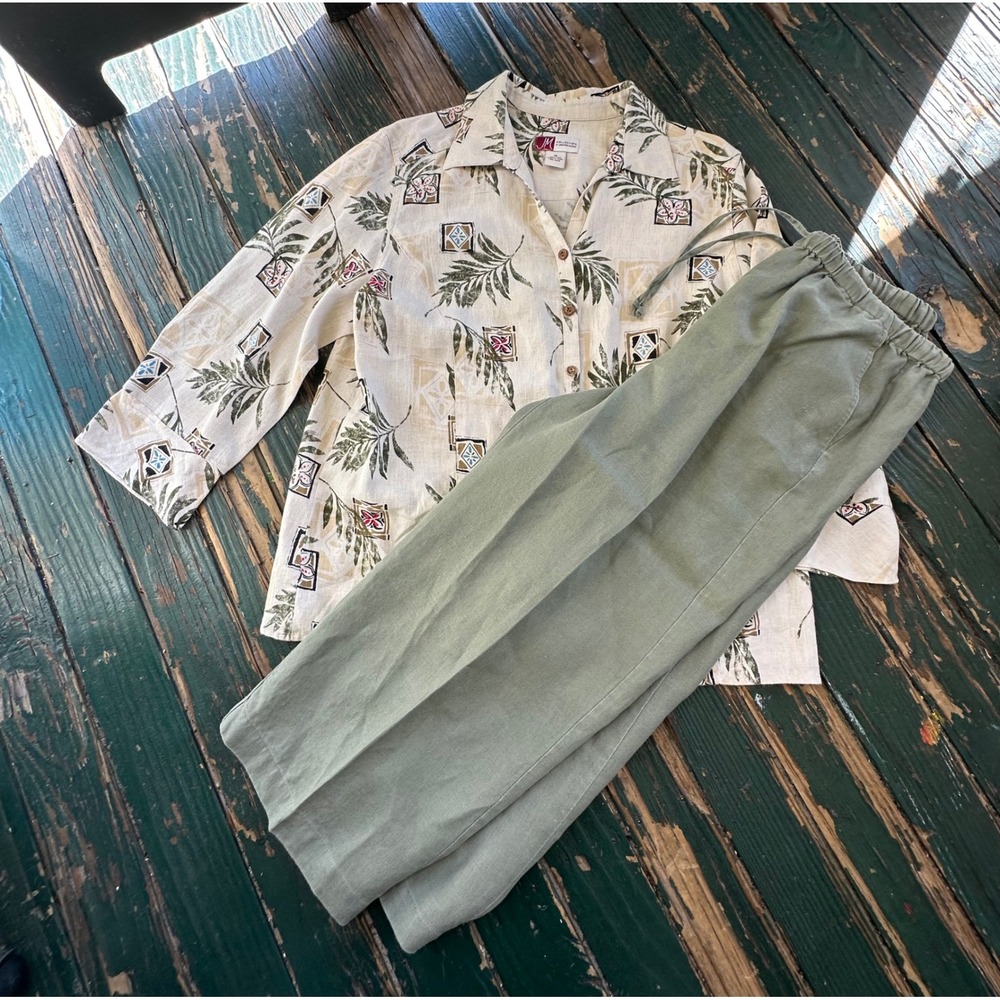 JM Collection Linen Tropical Print Button Up Shirt & Sage Green Pants Set Sz 10
